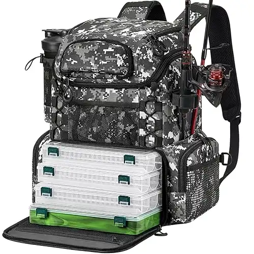 Piscifun Fishing Tackle Backpack with Rod Holders & 4 Tackle Boxes