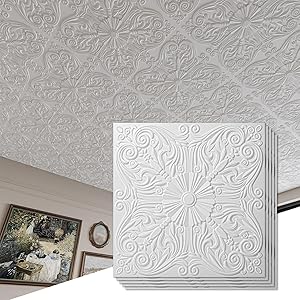 Art3d Decorative Ceiling Tile 2x2 Spanish Floral Matt White