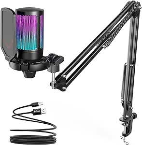 Fifine Gaming USB Microphone with Boom Arm RGB