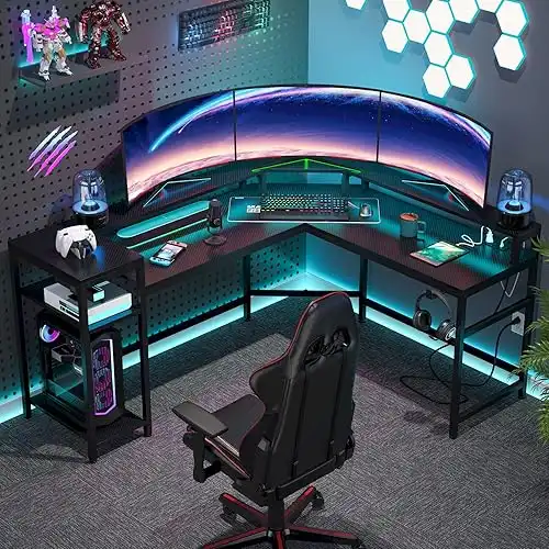 Tribesigns L-Shaped Gaming Desk with Power Outlets LED Strips